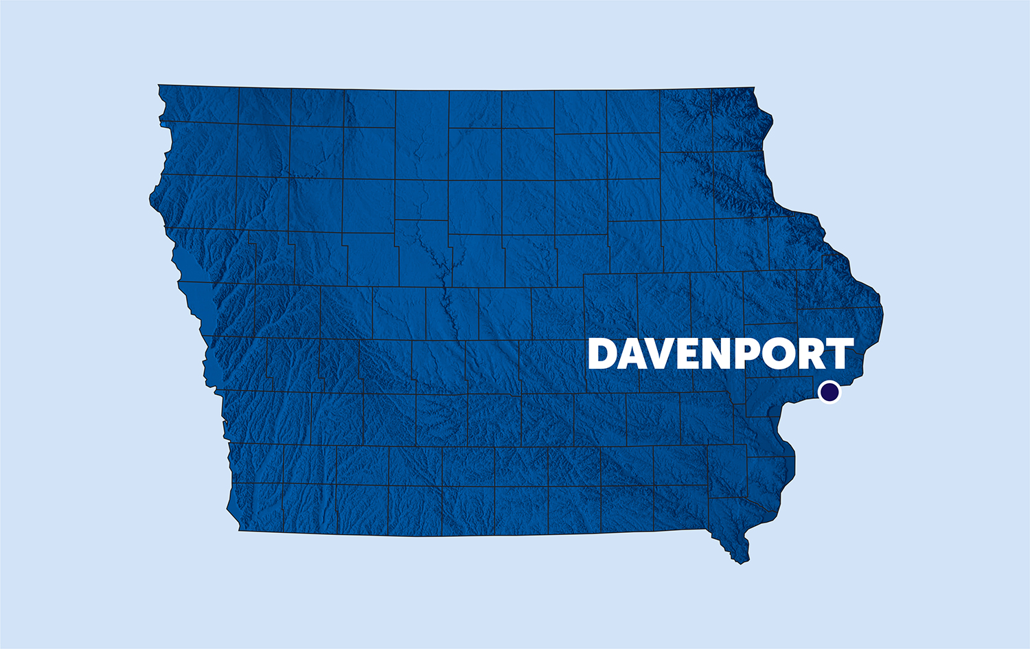 map of iowa with a pinpoint on davenport