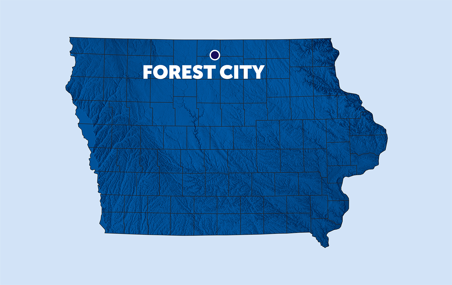 map of iowa with a pinpoint on forest city