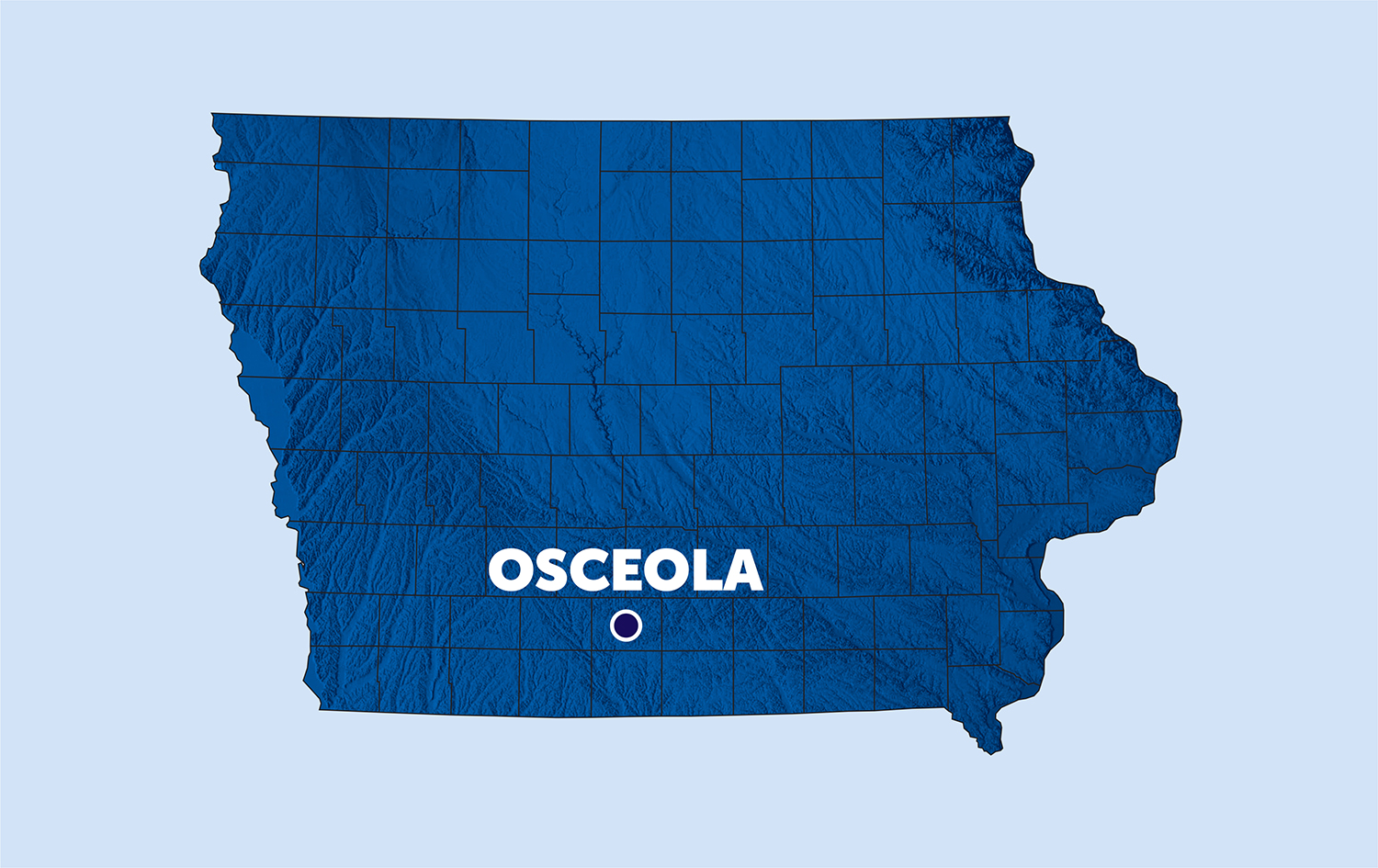 map of iowa with a pinpoint on osceola